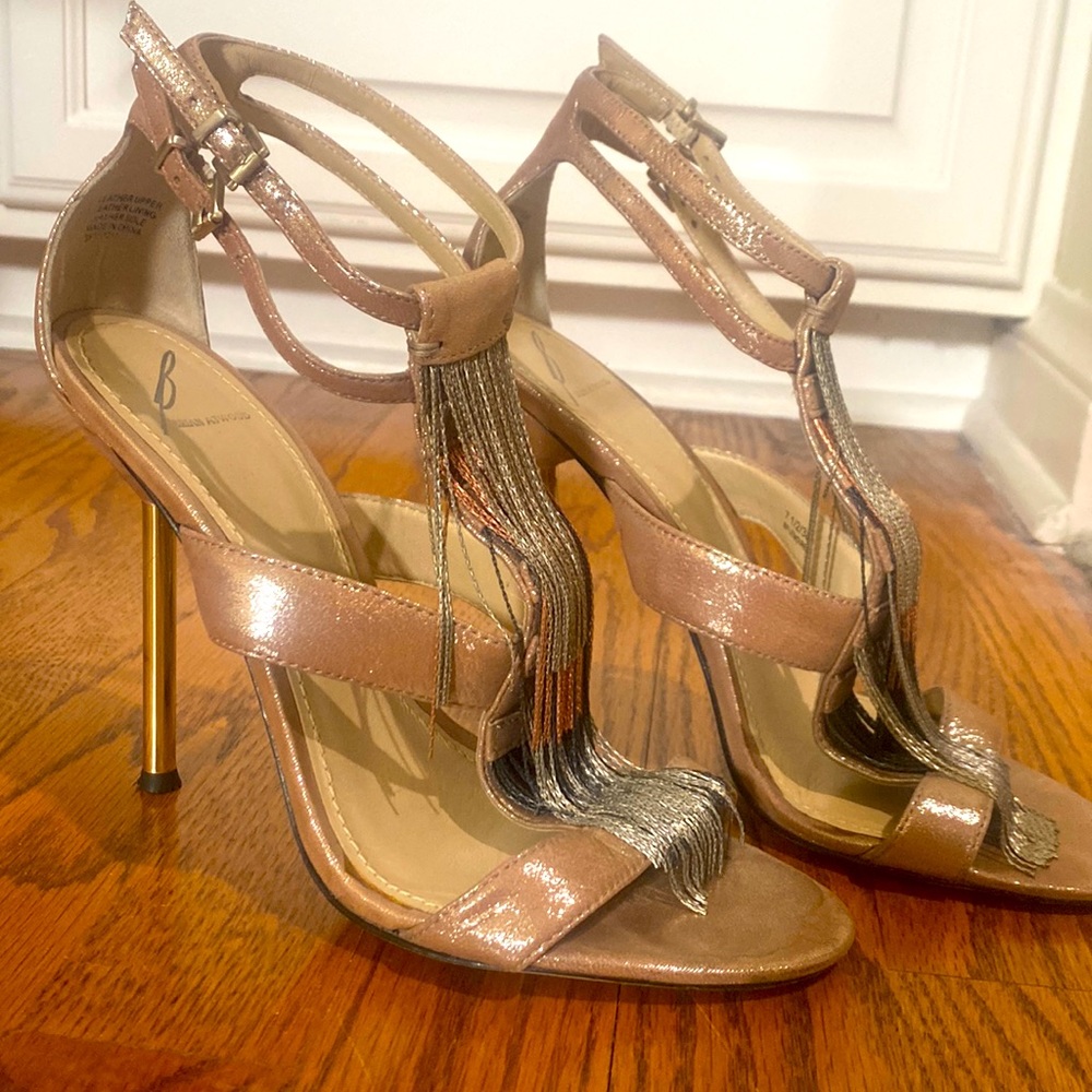Brian Atwood Champaign color Heels with silver, rose gold, gunmetal fringe.